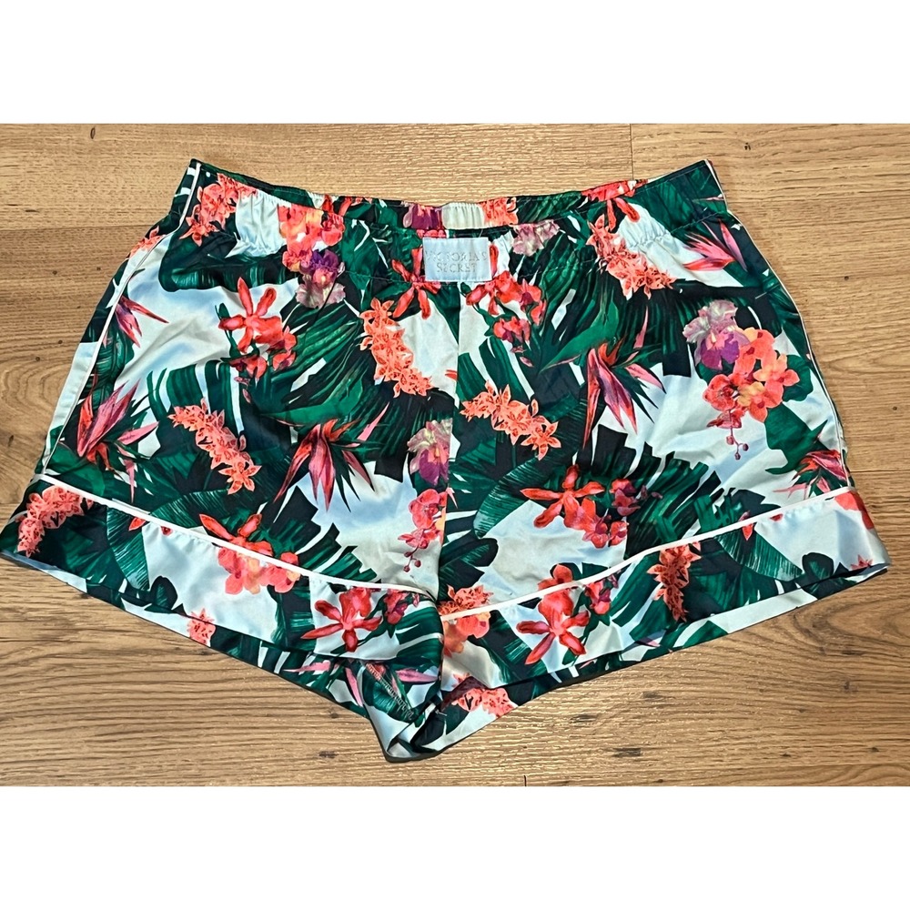 Victorias Secret Satin Pajama Shorts Tropical Floral Print Green Pink Medium